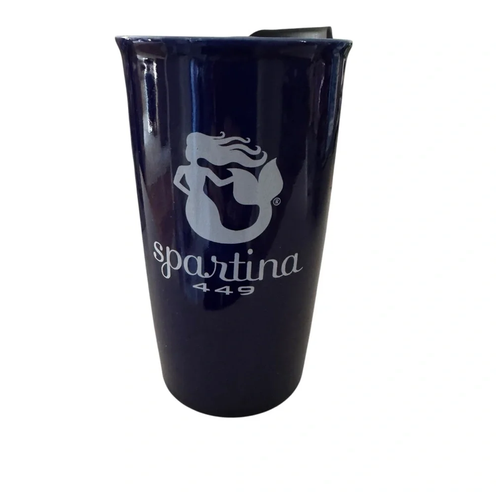 NWT Spartina 449 Ceramic Travel Coffee Mug with Lid Navy 2014